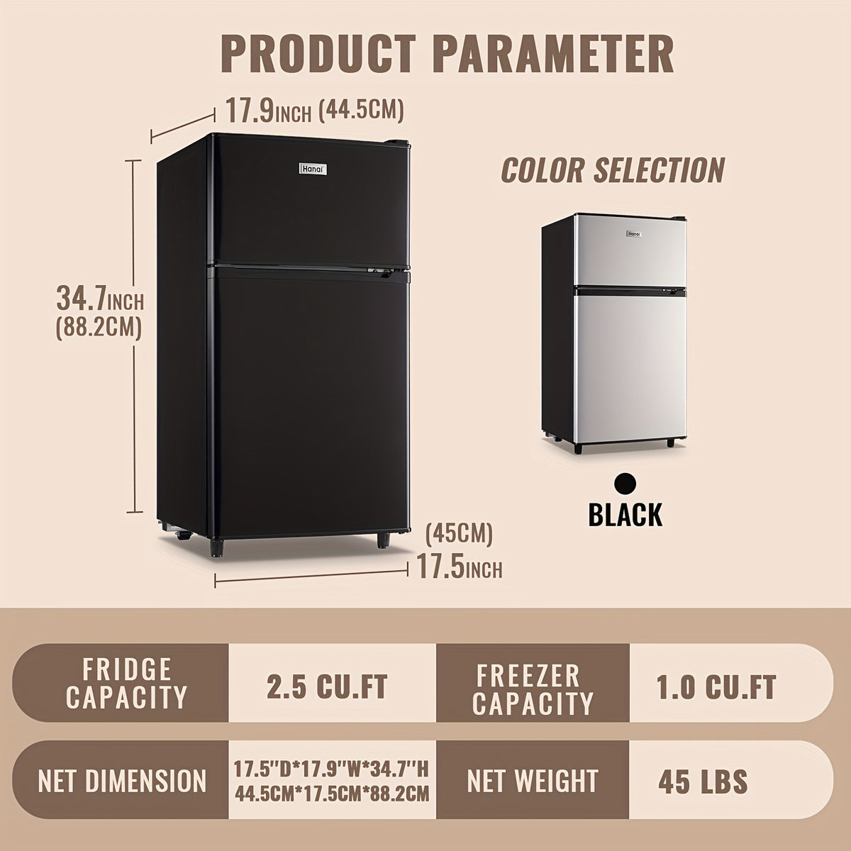 Compact Fridge Freezer by WANAI, Double-Door 3.5 or 4.5 Cu Ft Options with Seven-Level Thermostat, Removable Shelves and Listed LED Light for Apartment and Office