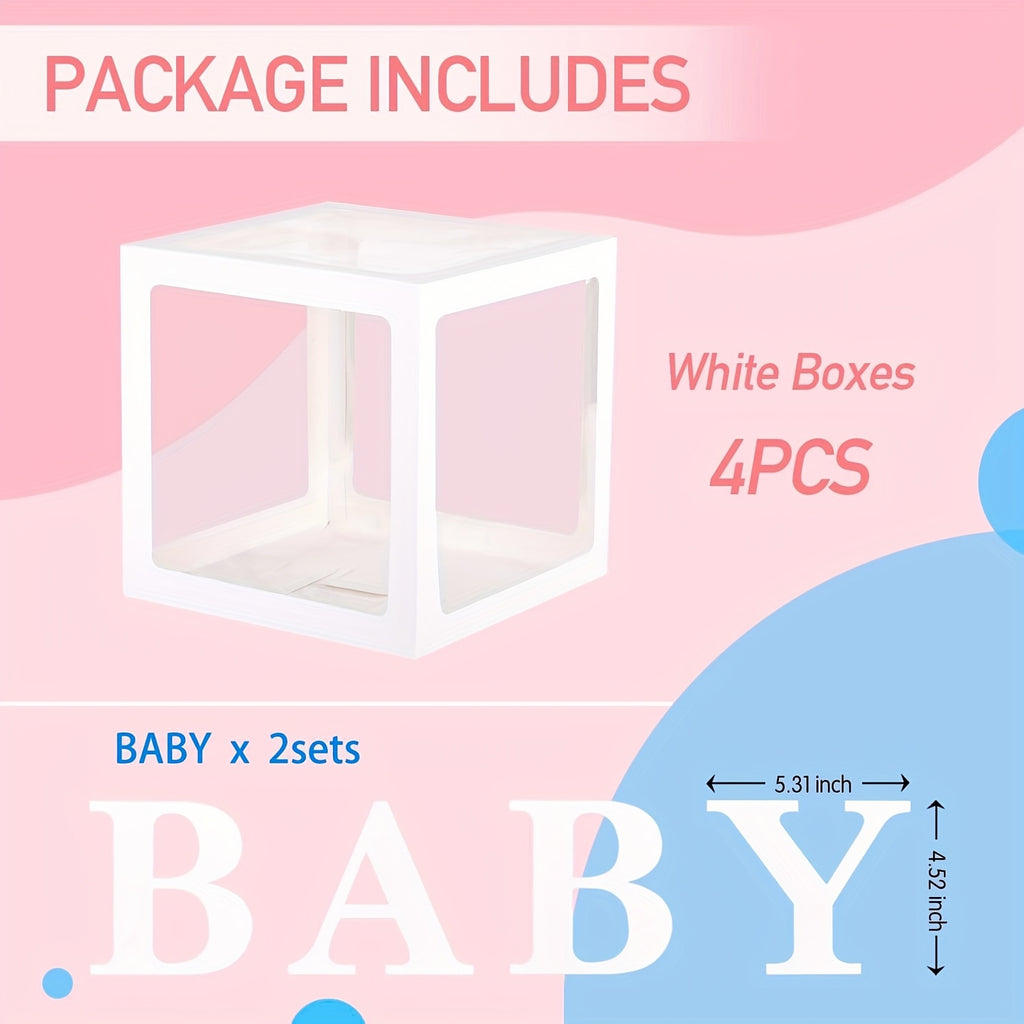 Transparent Balloon Boxes Set of 4 in White with Four Letter Pieces for Baby Shower Styling, Gender Reveal Celebrations, Birthday Parties and Event Decorations