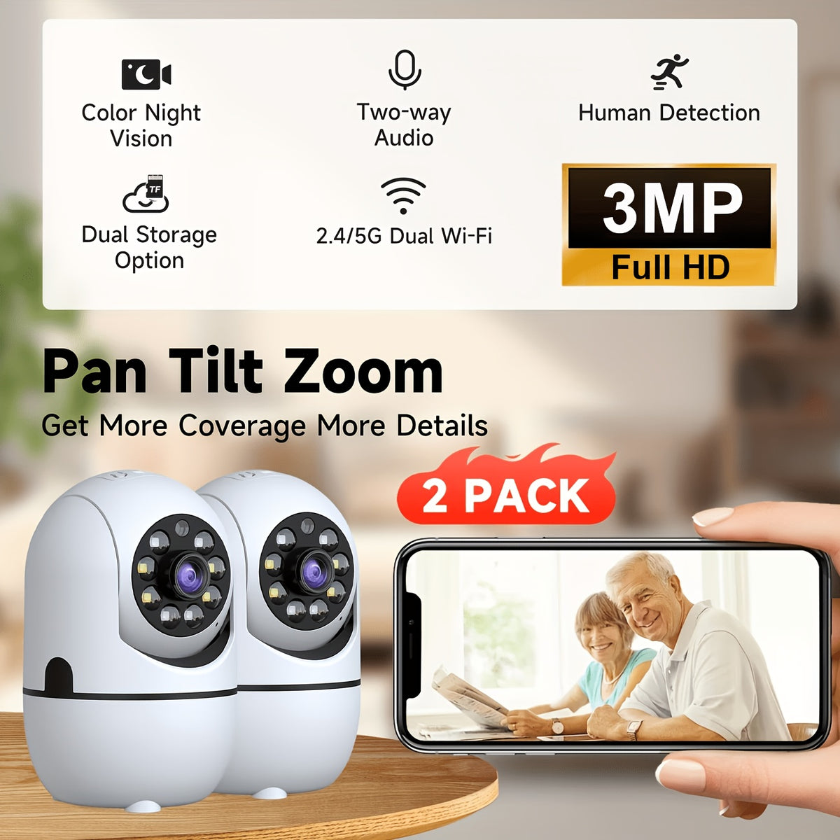 Indoor Security Camera 2 Pack, Baby & Pet Monitor with 355° Pan Tilt, Full-Color Night Vision, Motion Detection, 2-Way Talk, Dual WiFi 2.4G/5G, Cloud & SD Storage, Alexa Smart Home Cameras