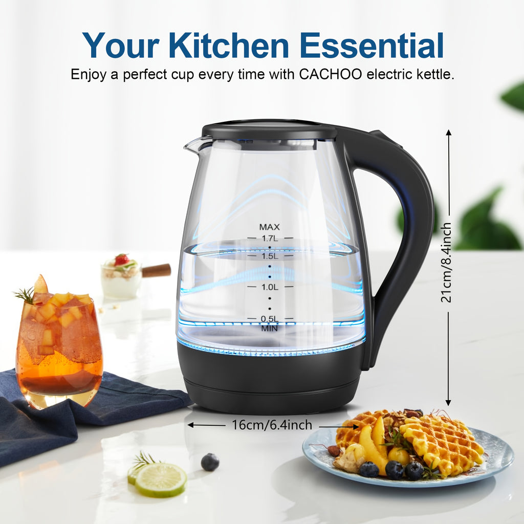 Angled-Spout Electric Kettle with Listed 1.7L Capacity and 1200W Heating, Black or Glass Model Labels, Blue LED and Auto-Shutoff Wording for Hot Water Preparation