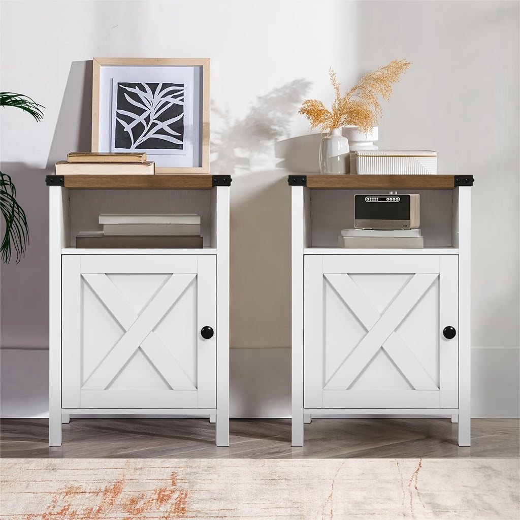 Farmhouse Nightstand by OAKSTEAD with Barn Door and Shelf, Five Colors and Single or Two-Table Packs for Bedside Essentials, Living Room and Entryway Storage