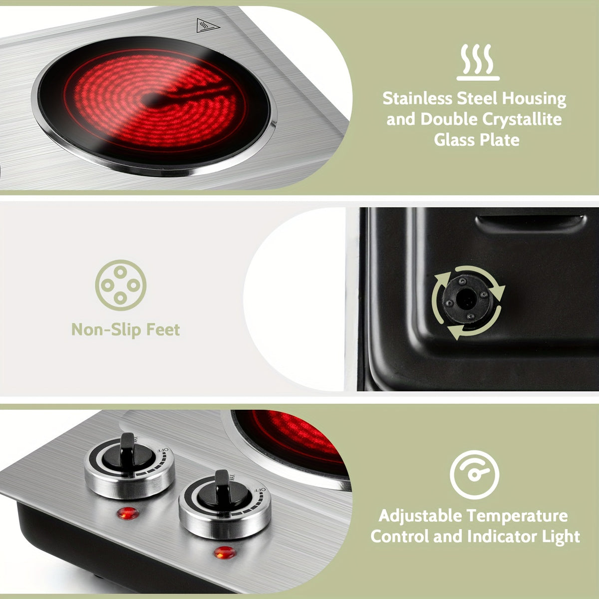 Electric Infrared Hot Plate by COKLAI with Listed 1800W Power, Double Burners and Dual Temperature Control in Black or Silvery for Countertop Cooking
