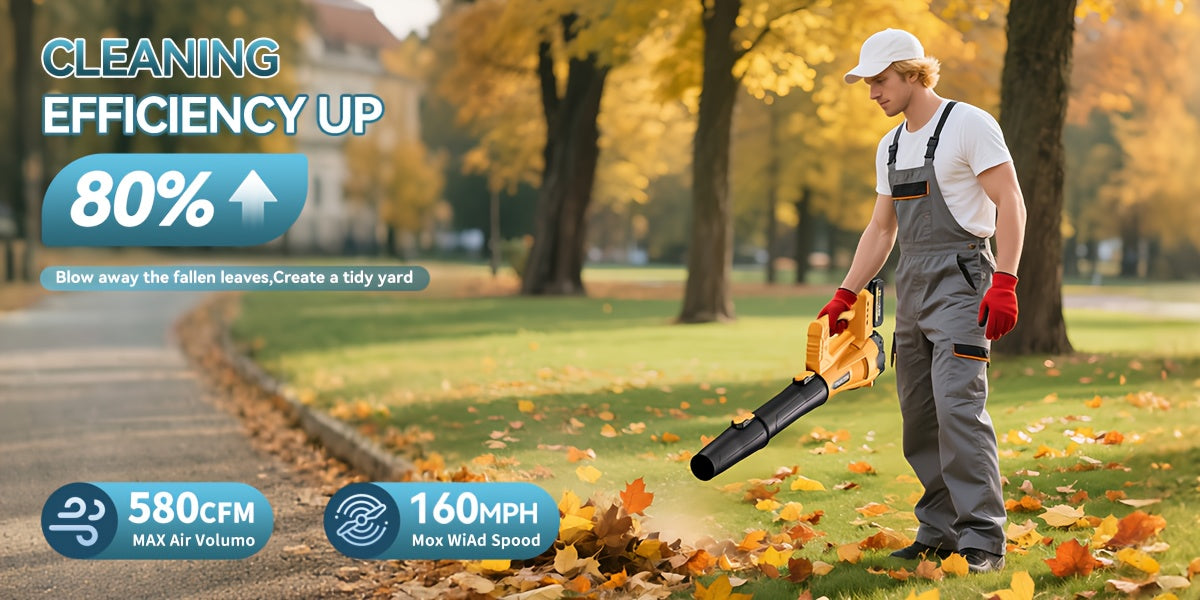 Extended-Nozzle Cordless Leaf Blower, Anti-Slip Handle with Yellow One- or Two-Battery Choices and Selected Six-Speed Models for Lawn, Patio and Yard Cleanup