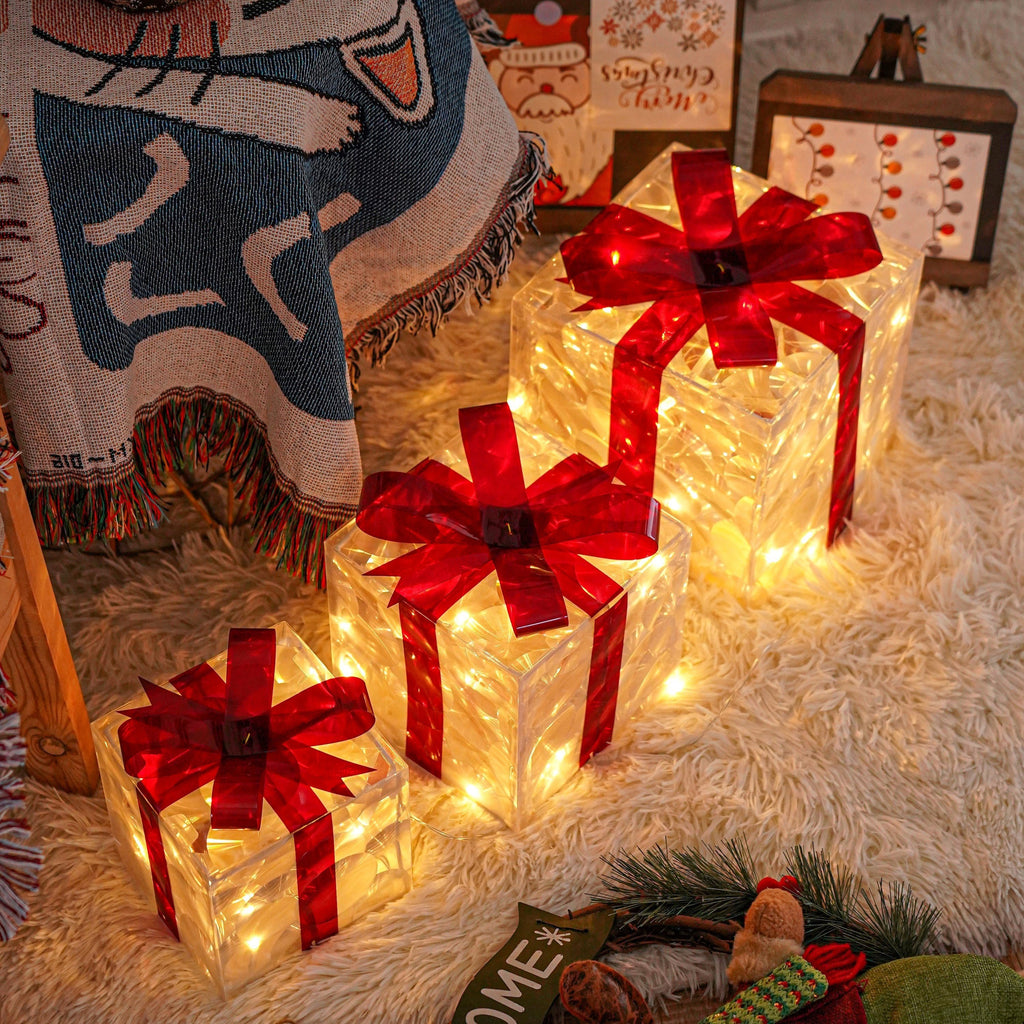 Lighted Christmas Present Boxes, Classic Set of 3 Warm White Decorative Gift Boxes with 60 Listed LEDs, Red Bows, USB or Battery Power and Daily Timer