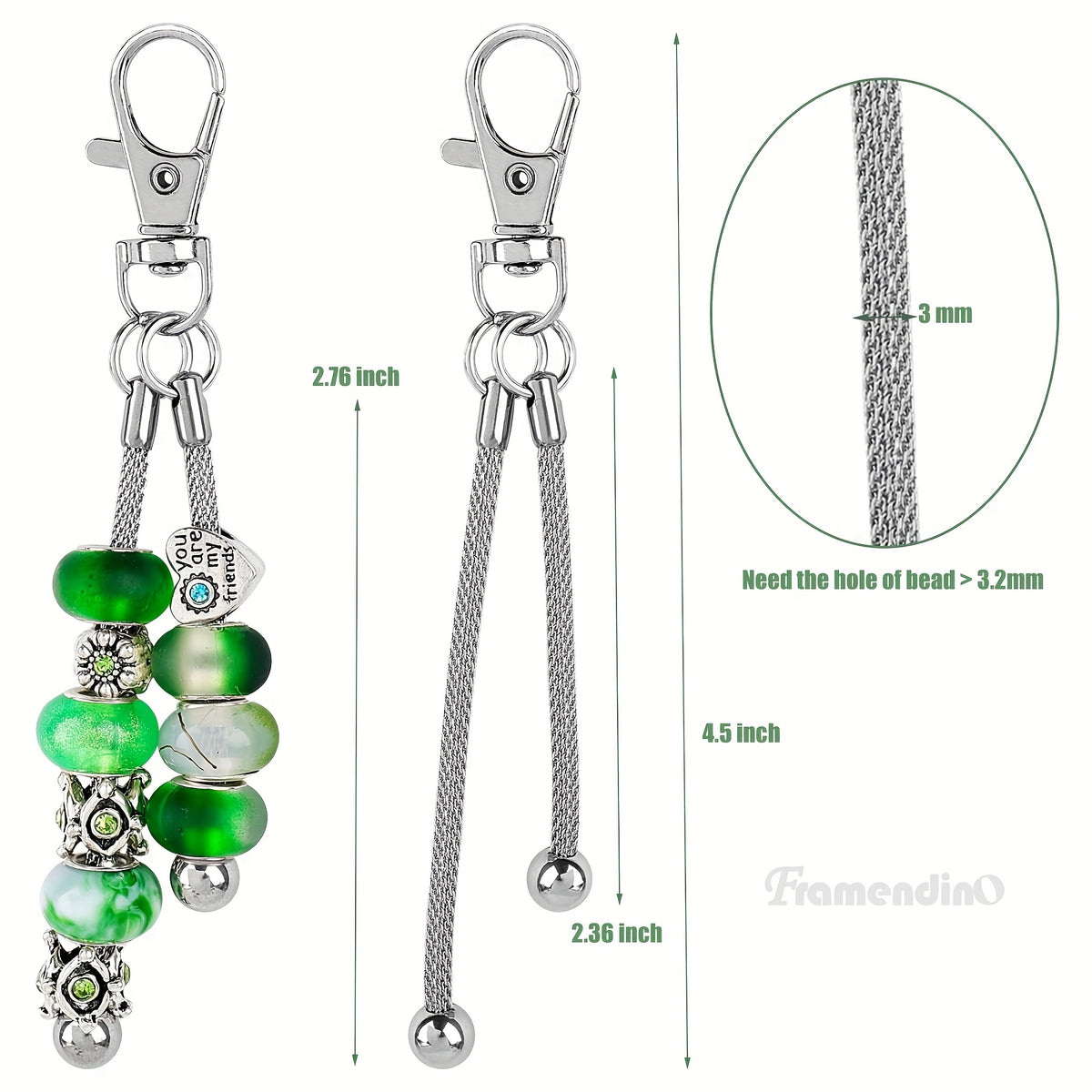 Silvery Beadable Keychain Blanks, Listed 10-Pack Metal Bar Craft Supplies with 3mm Large-Hole Bead Compatibility Wording for DIY Pendants and Personalized Gifts