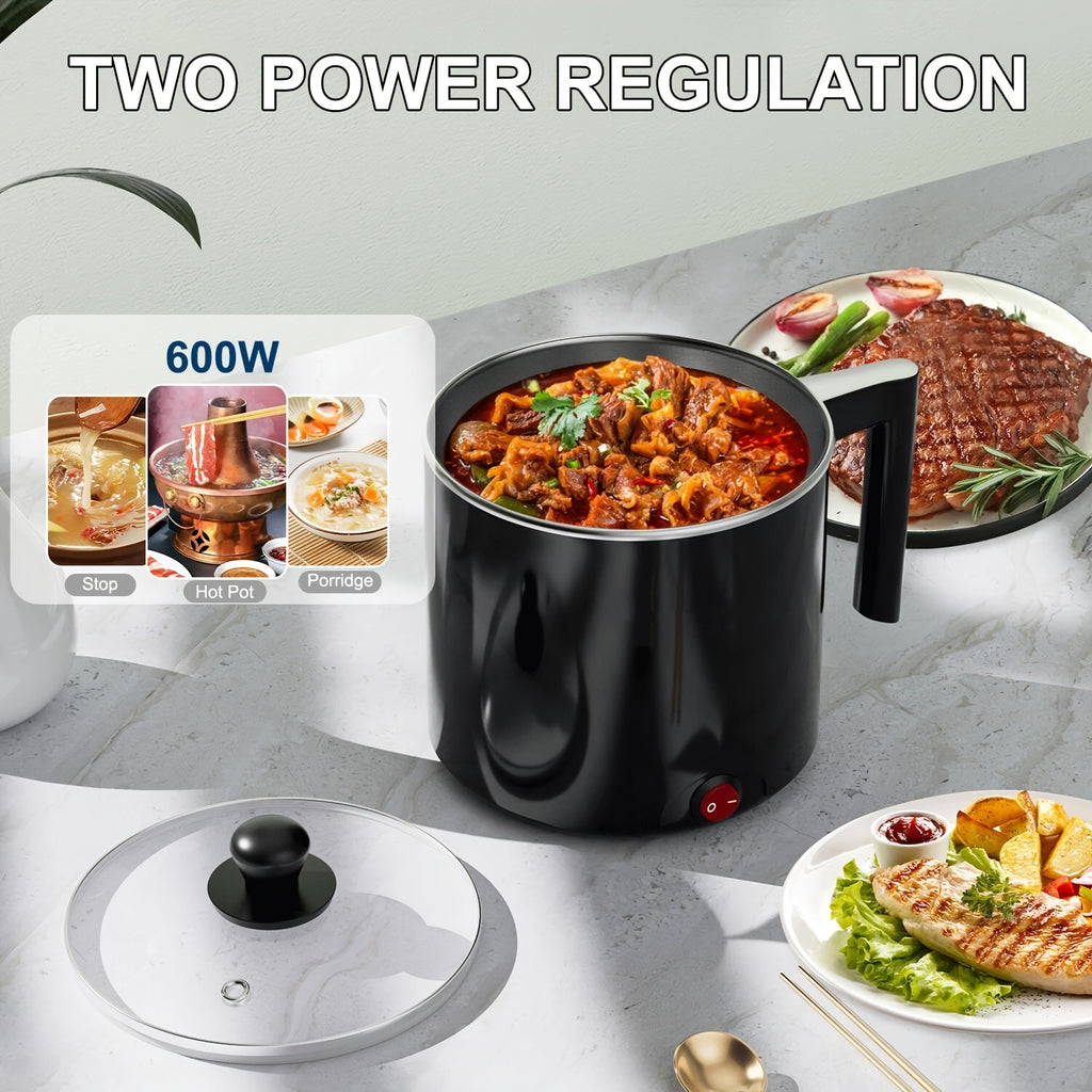 Black Electric Hot Pot with Listed 1.5L Capacity Option and Nonstick Saucepan Design for Noodles, Pasta, Eggs and Steak Preparation in Home Kitchens