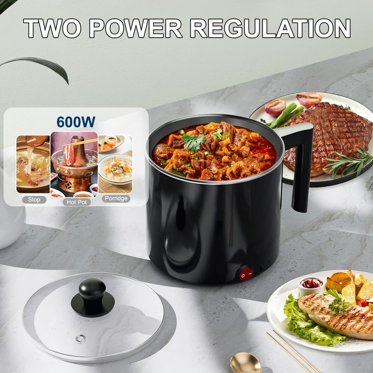 Black Electric Hot Pot with Listed 1.5L Capacity Option and Nonstick Saucepan Design for Noodles, Pasta, Eggs and Steak Preparation in Home Kitchens