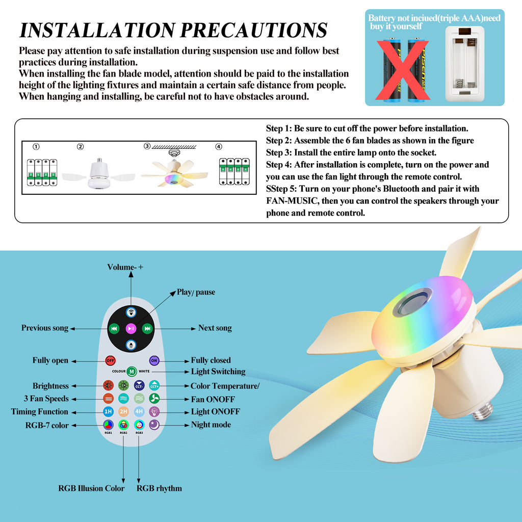 RGB Speaker Ceiling Fan Light with E26/E27 Socket Base, Remote Control, 3 Fan Speeds, Dimmable 3000K–6500K White Lighting and Music Rhythm Effects