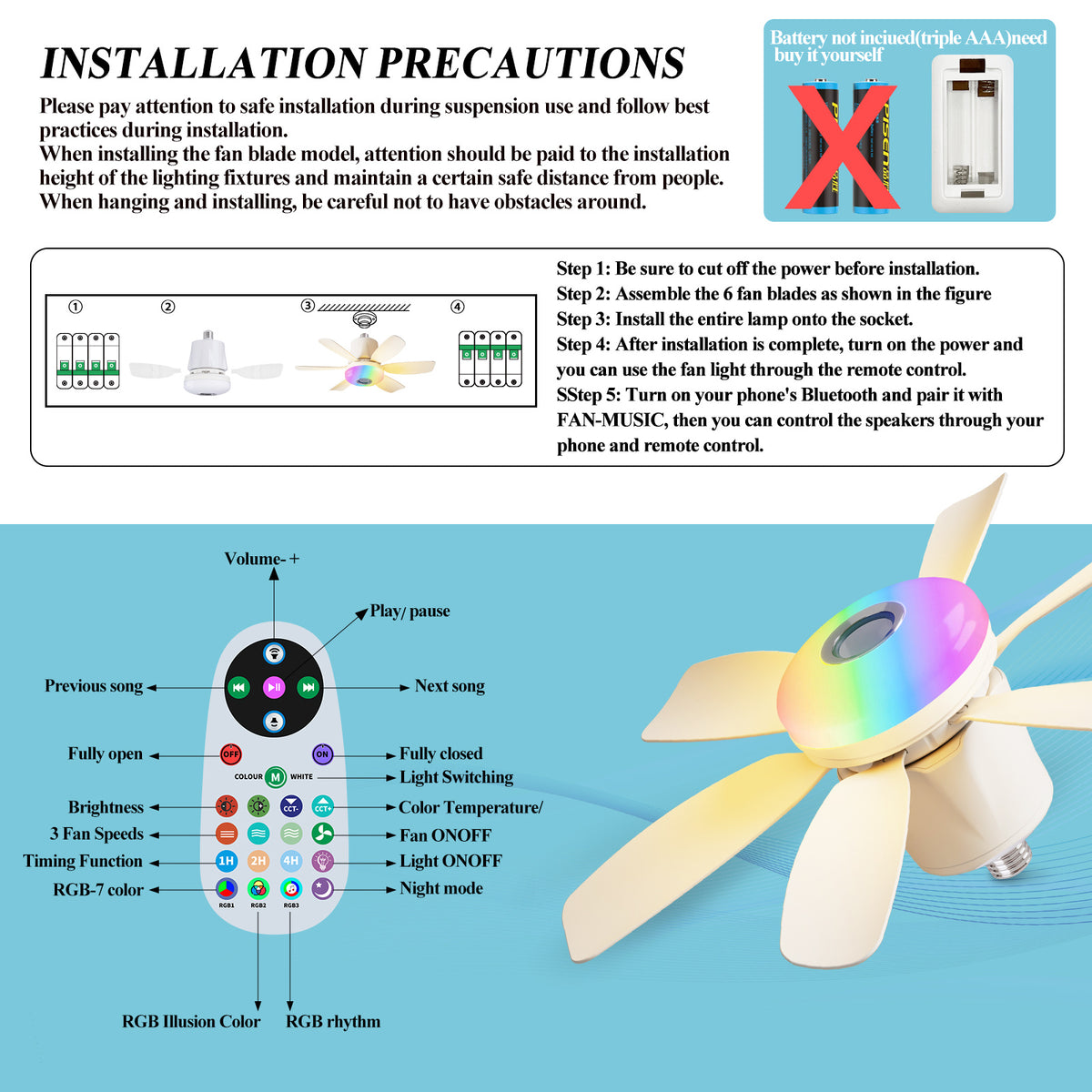 RGB Speaker Ceiling Fan Light with E26/E27 Socket Base, Remote Control, 3 Fan Speeds, Dimmable 3000K–6500K White Lighting and Music Rhythm Effects