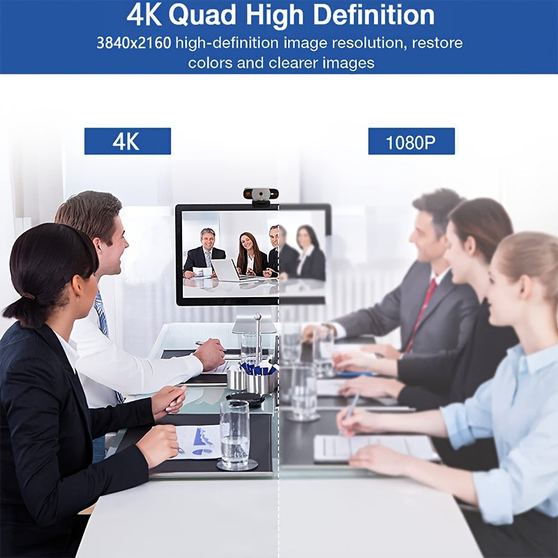 4K Webcam for PC in Silvery with Listed Auto-Zoom, Remote Control, Privacy Cover, White Balance and Microphone for Laptop and Desktop Video Calls and Conferencing