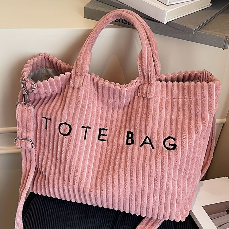 Letter Pattern Corduroy Tote Bag for Women with Adjustable Shoulder Strap and Listed Color-Block Design, Beige, Black, Green or Pink for Work, Shopping and Casual Outings