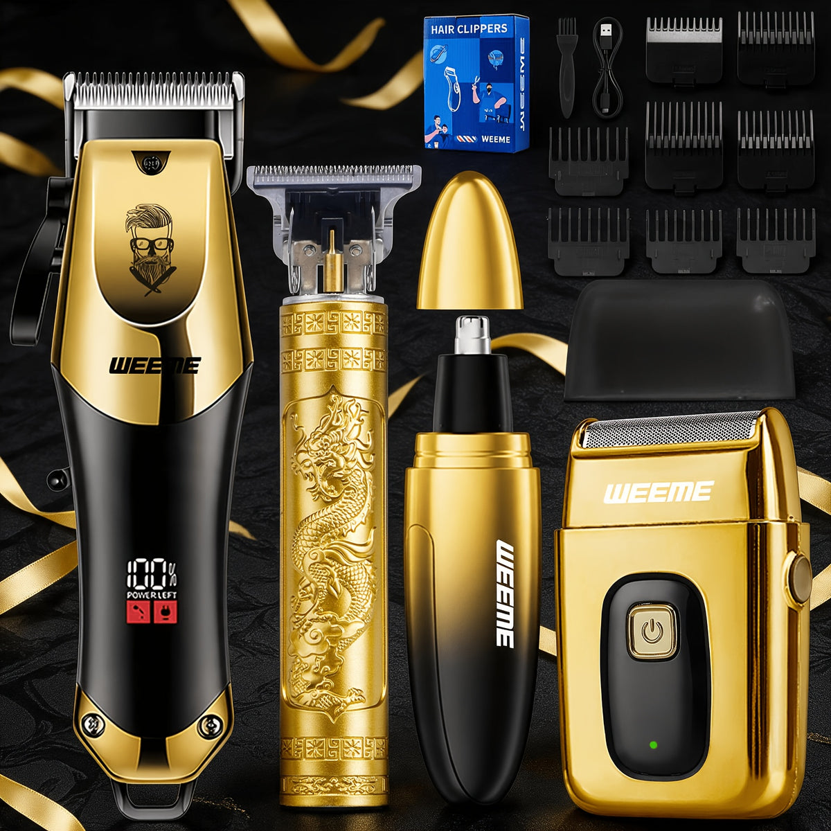 2/3/4/5pcs Hair Clippers for Men, Professional Cordless Hair Clipper Trimmer & Electric Shaver & Nose Trimmer &Body Trimmer Set, LCD Display, Barber Grooming Kit, Gift Set for Men (Gradient Golden)