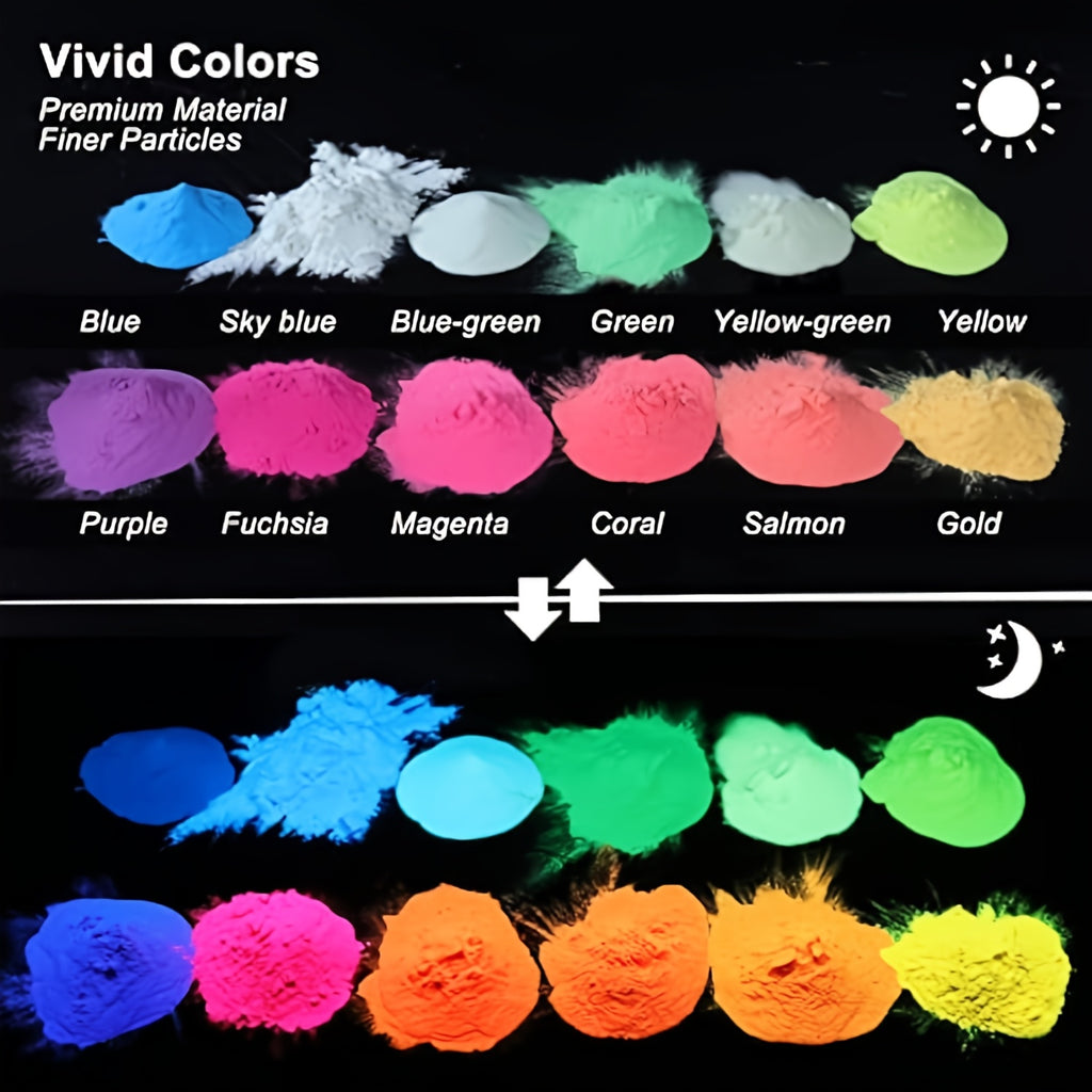 Luminous Craft Powder with Twelve Listed Colors and 0.7oz/20g Weight Reference, Glow in the Dark Color Selection for Compatible Adult Decorative Projects
