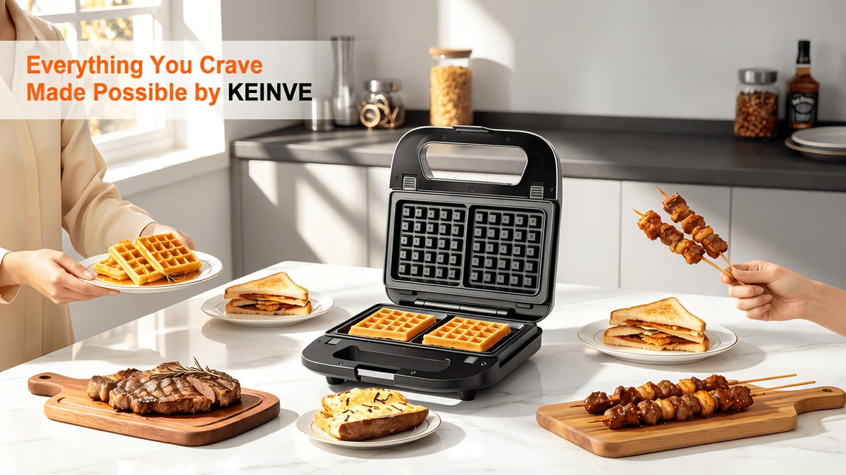 Three-in-One Sandwich and Waffle Maker with Listed 750W Power and Removable Nonstick Plates, Teal and Three-Plate Option Labels for Home Kitchen Meal Preparation