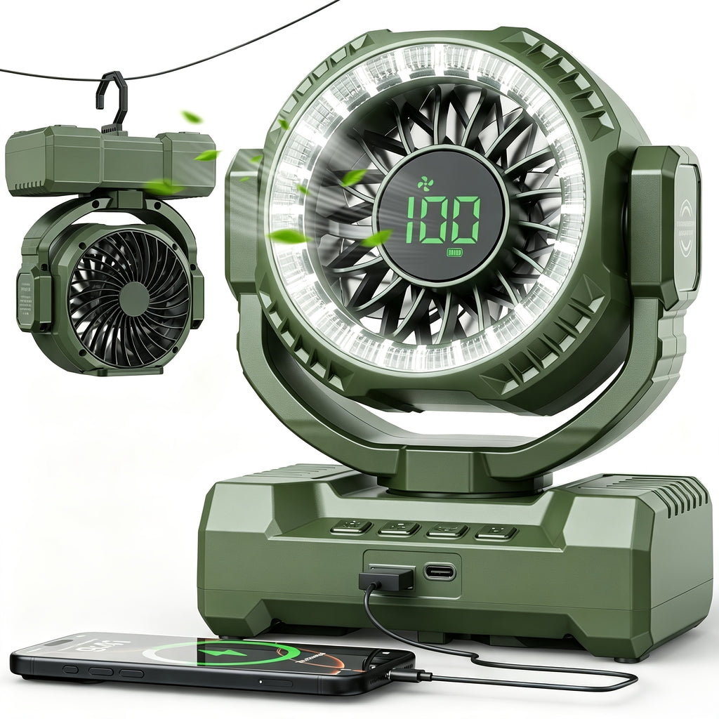 Display-Screen Camping Fan with Listed 24000mAh Rechargeable Battery, Five Speeds, USB Charging and Tent Hook for Campsite, BBQ and Home Power-Outage Airflow