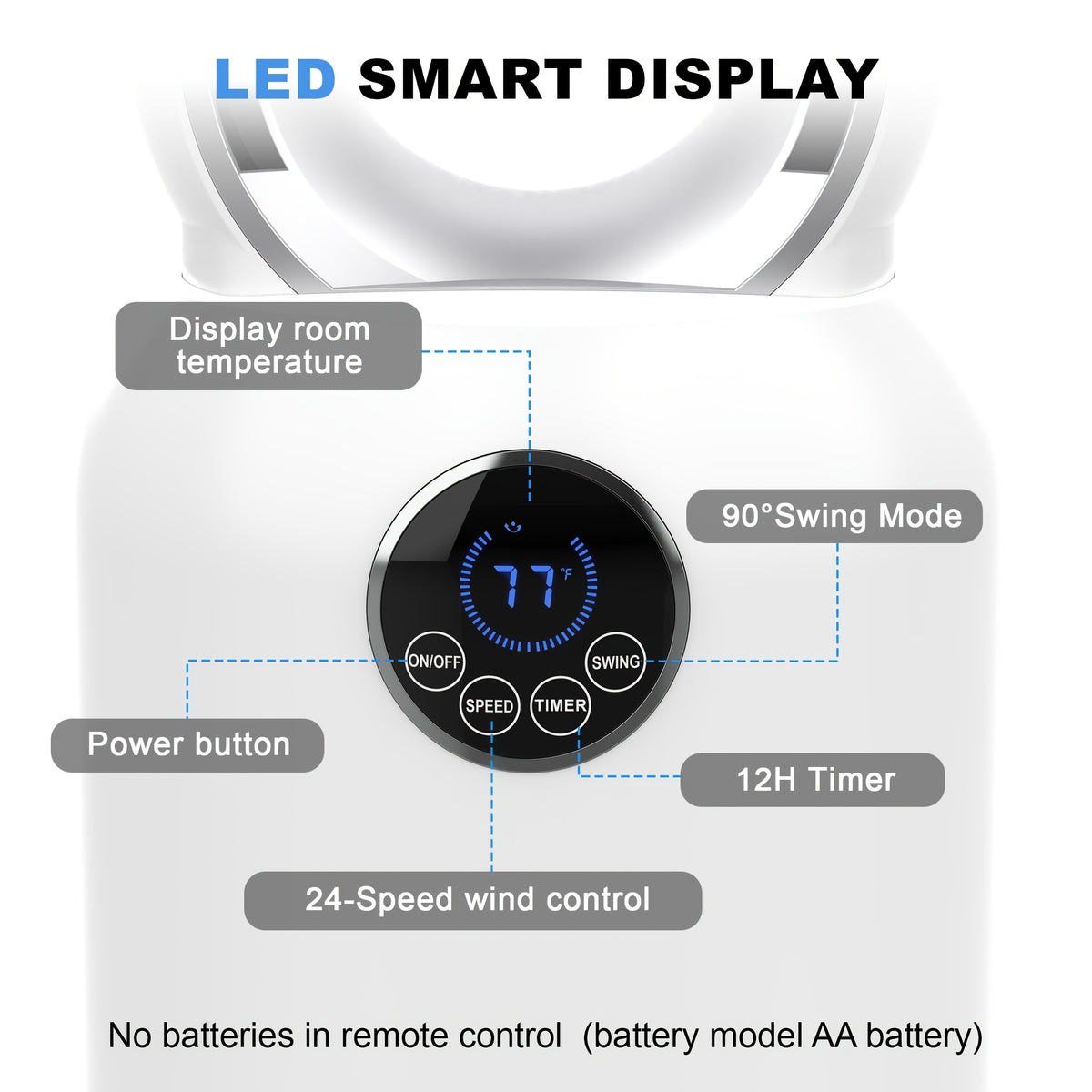36-Inch Bladeless Tower Fan with Remote, 24 Speeds, 90-Degree Oscillation and 12-Hour Timer, Touch LED Display for Bedroom, Living Room and Office Airflow
