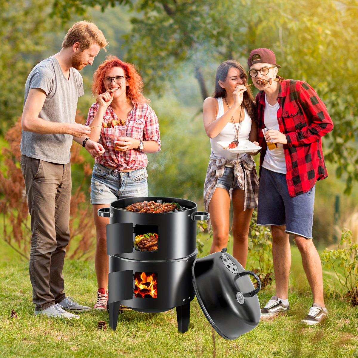 Vertical Charcoal Smoker Grill, Black 16-Inch Three-Tier Outdoor Cooker with Listed 400-Square-Inch Cooking Area and Two BBQ Tongs for Backyard Cookouts