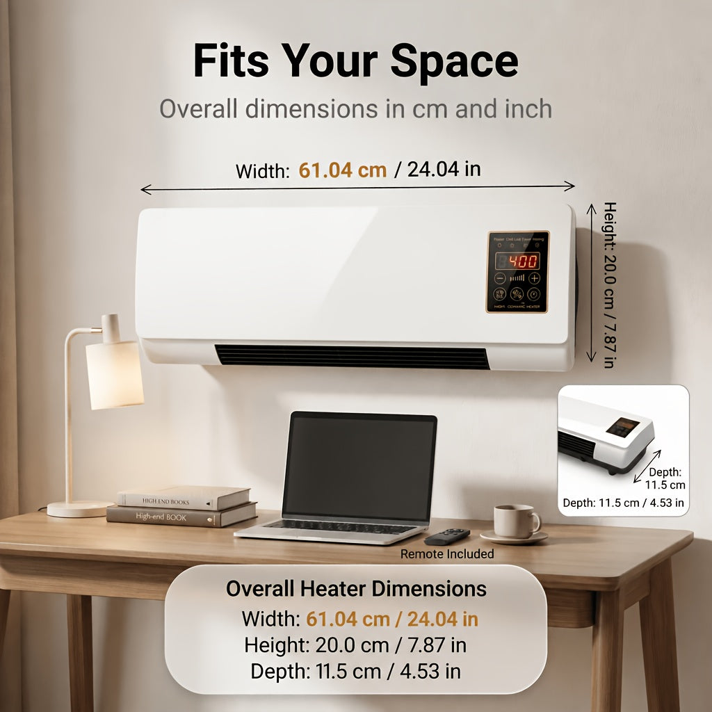 1200W Wall-Mounted Ceramic Heater in White, PTC Heating Design with Remote Control and Timer, Listed Dual-Mode Model for Space-Conscious Home Installation