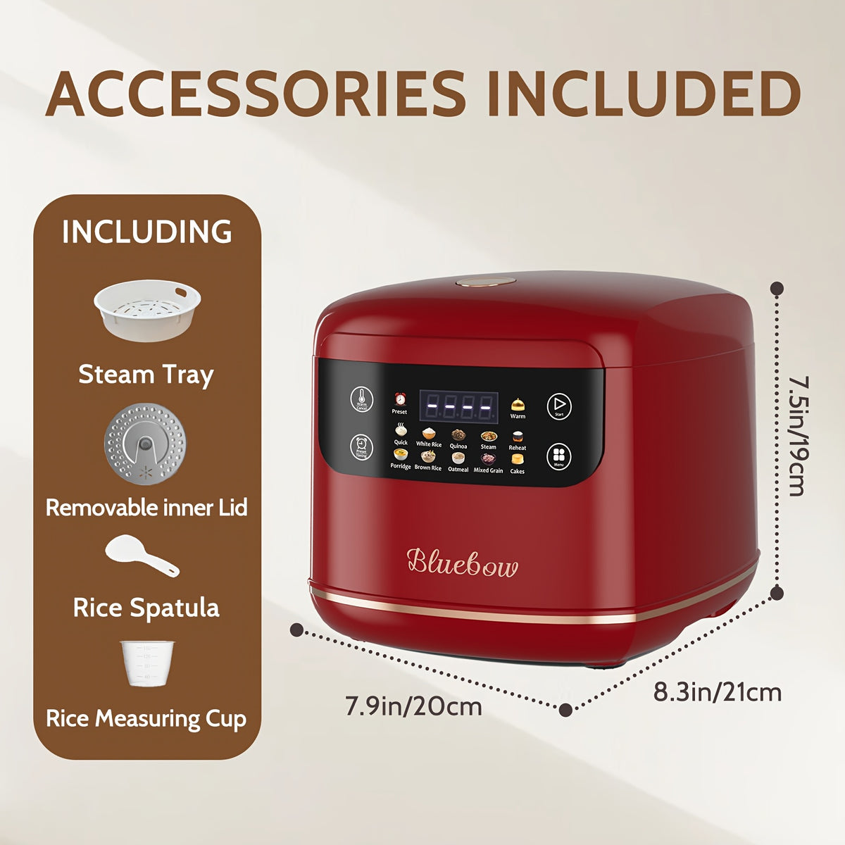 Mini Digital Rice Cooker with Listed 67.63 Oz Capacity, Ten-in-One Presets, Touchscreen and Nonstick Inner Pot with Delay and Keep Warm in Red or White Options