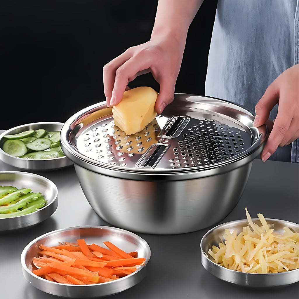 Food Prep Bowl Set with Stainless Steel Construction, 3-Piece Mixing Bowl, Draining Filter and Integrated Grinder for Fruit, Vegetables and Cheese
