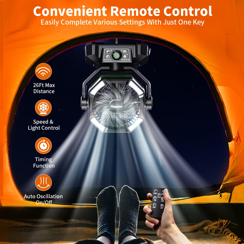 Eight-Speed Camping Fan with Remote Control, Dual Motors and USB Rechargeable Lithium Battery in Three Color Combinations for Campsites, Yard BBQs and Travel