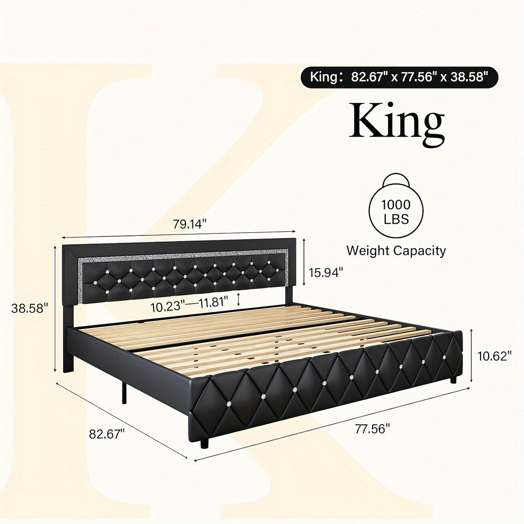 Diamond Tufted Upholstered Bed Frame in Black Faux Leather with Headboard, Footboard and Wooden Slat Support, Twin, Full, Queen and King Options