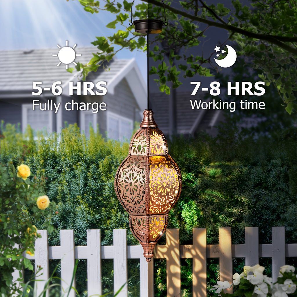 Solar Pendant Lantern in Copper Color with Listed Hollow-Out Iron Design and 27.17-Inch Size Wording for Decorative Patio, Garden, Deck and Porch Displays