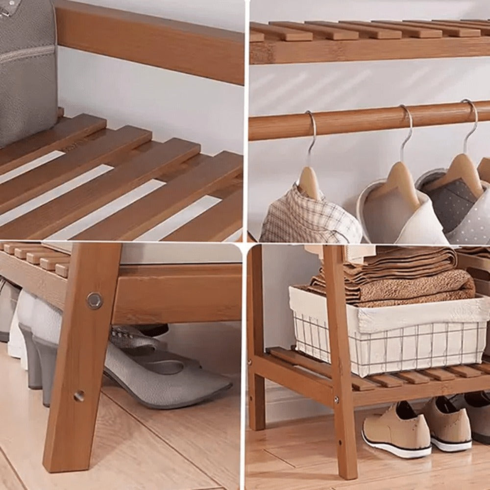 Bamboo Garment Rack with Adjustable Shelves, Five Side Storage Racks and Hat Hooks for Bedroom Organization, Brown or Nature with Four Size and Bag Option Labels
