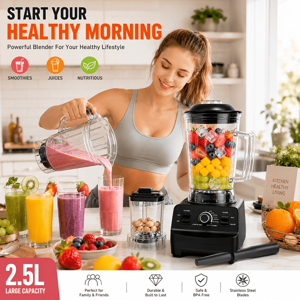 Large Capacity Smoothie Blender 84.54oz, Black Countertop Kitchen Mixer for Smoothies, Milkshakes, Protein Shakes and Compatible Frozen Fruit Drink Recipes