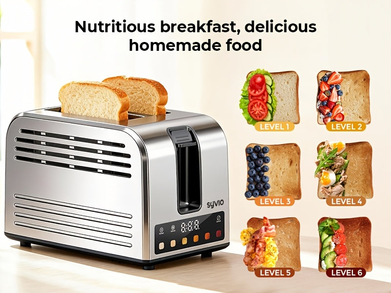 Stainless Steel Smart Toaster by Syvio with Listed Touchscreen Controls, Five Bread Types, Six Browning Levels, Wide Slots and Removable Tray for Breakfast