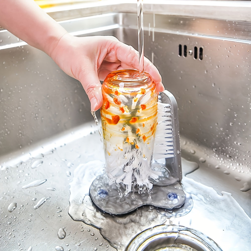 Cup Cleaning Brush with Suction Cup Design, Manual Glass and Compatible Bottle Scrubber in Grey, 2-in-1 or Upgraded Options for Kitchen Sink Care