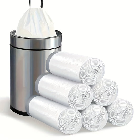 Small Drawstring Trash Bags 4 Gallon, 90 White Plastic Garbage Liners in 6 Rolls, Foldable Easy-to-Tie Bags for Bathroom, Bedroom and Office Wastebaskets