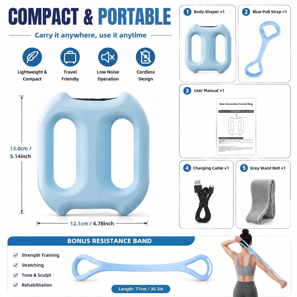 Double-Ring Electric Massager with Listed Eight Modes and Adjustable Belt, Resistance Band Package Reference for an Instruction-Guided Personal Care Routine