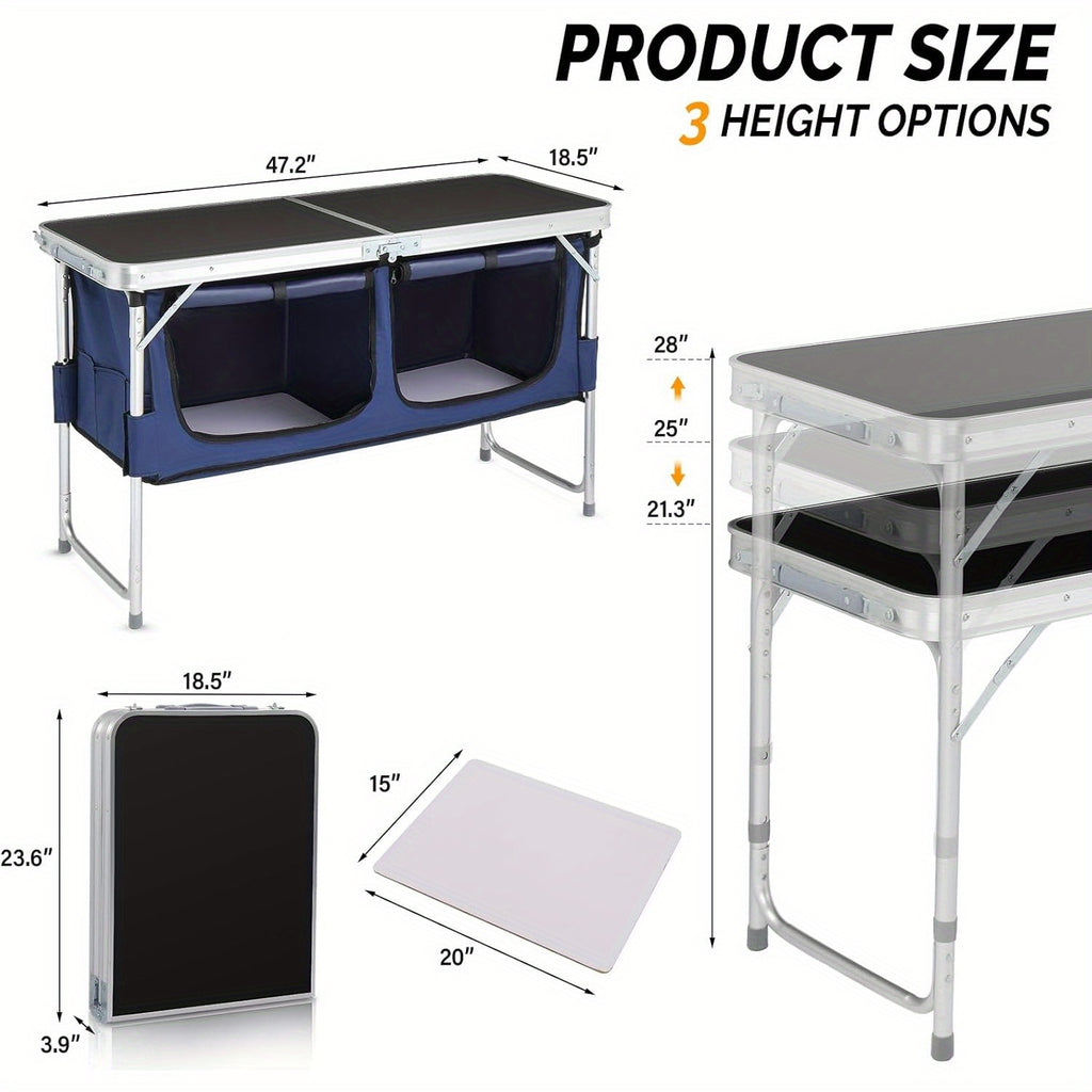 Camping Folding Table with Storage by Bonnlo, 4ft Adjustable-Height Aluminum Picnic Table in Five Color Options for Backyard BBQs, Patio Dining and Outdoor Gatherings