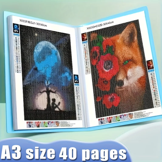 Diamond Painting Storage Book with Handle, Listed A3 40-Page PP Display Album with Transparent Double-Sided Views in Purple, Pink or Blue for Art and Sketch Organization
