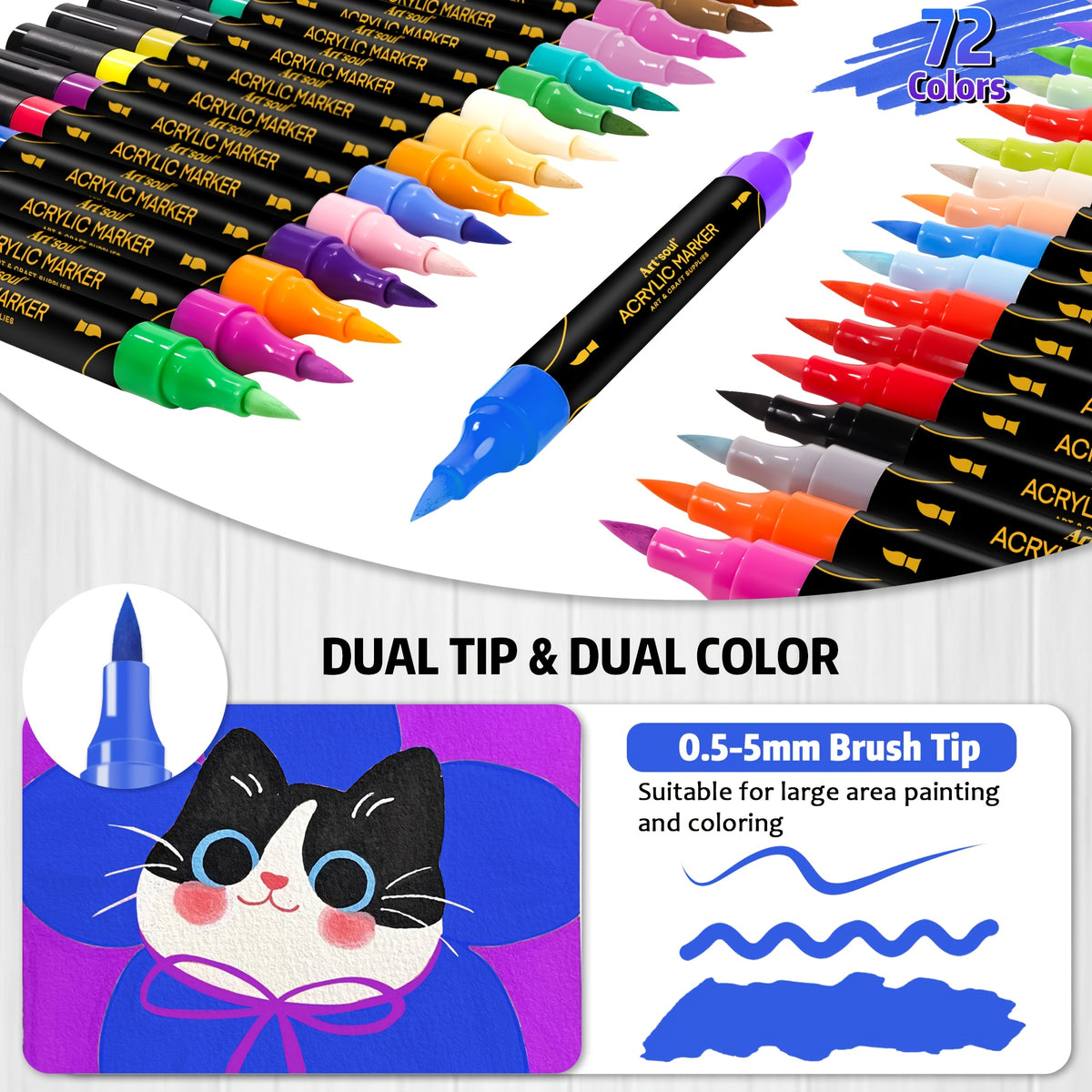 Art+soul Acrylic Paint Pens with 72 Numbered Colors, Dual Brush and 3mm Round Tips for Rock Painting, Wood, Canvas, Lettering and Decorative Craft Projects