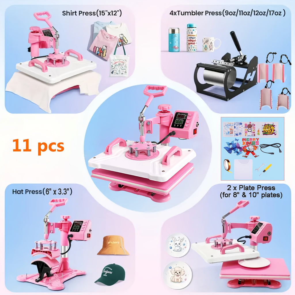 Combo Heat Press Machine with 5-in-1 or 8-in-1 Attachment Sets, 15x15 and 15x12 Inch Options or 12x10 Inch Textile-Only Press for DIY Customization