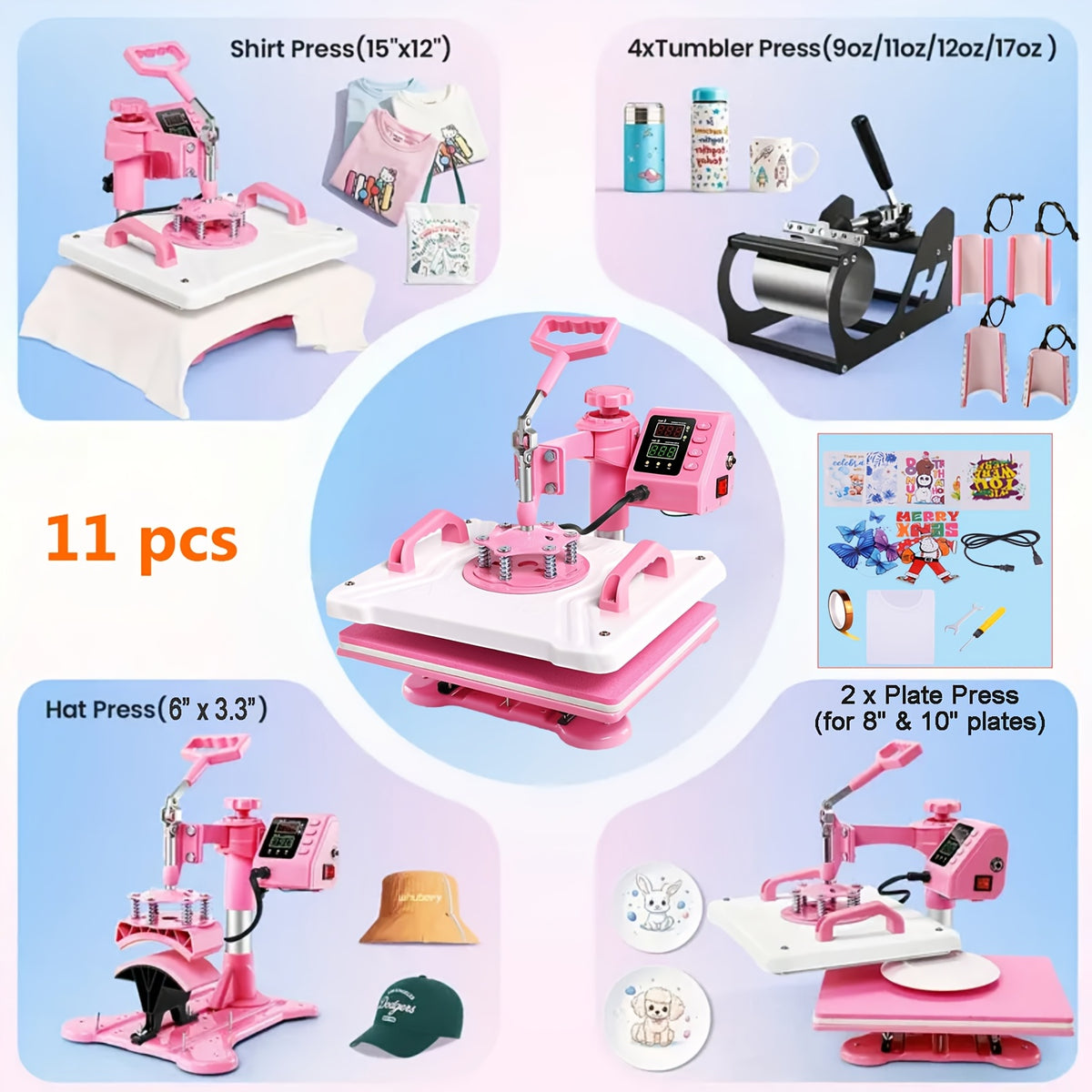 Combo Heat Press Machine with 5-in-1 or 8-in-1 Attachment Sets, 15x15 and 15x12 Inch Options or 12x10 Inch Textile-Only Press for DIY Customization