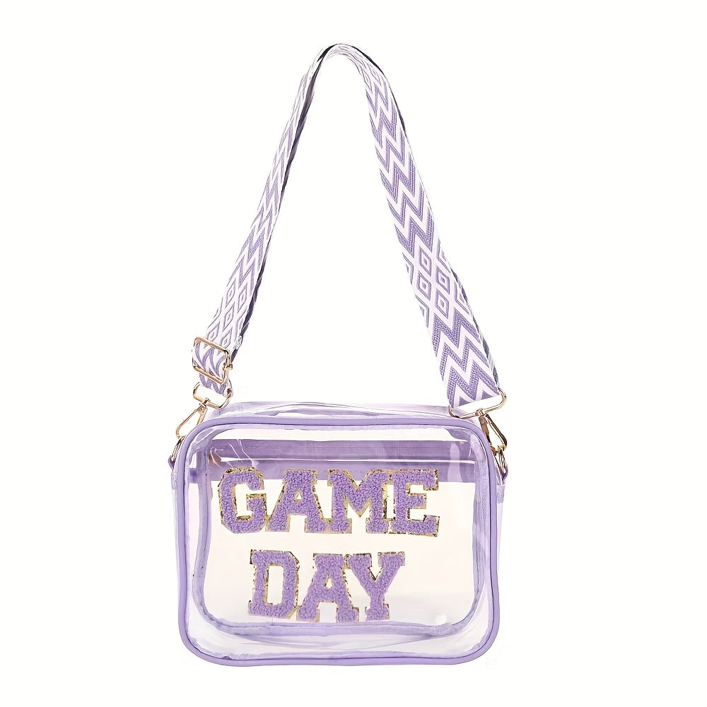Transparent Square Crossbody Bag with Embroidered Letter Detail, Clear PVC Shoulder Accessory with Zipper Closure and Painted Edges in Grey, Orange or Red for Everyday Outings