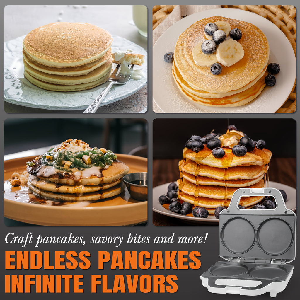 Double Mini Pancake Maker in White, 4-Inch Electric Breakfast Griddle with Listed Arepa, Egg and Cookie Cooking Uses for Homemade Meals and Snacks