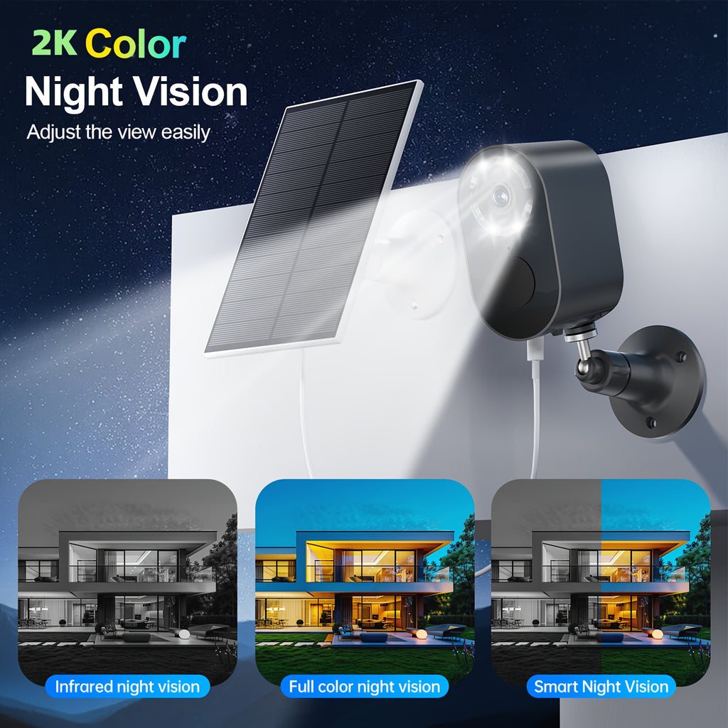 Solar WiFi Surveillance Camera with Listed 2K Imaging, Two-Way Voice and Color Night Vision, White or Black in One- or Two-Piece Home Monitoring Options