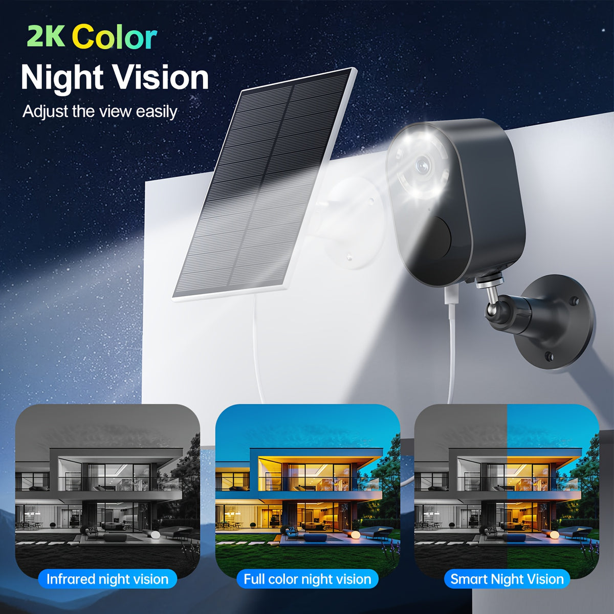 Solar WiFi Surveillance Camera with Listed 2K Imaging, Two-Way Voice and Color Night Vision, White or Black in One- or Two-Piece Home Monitoring Options