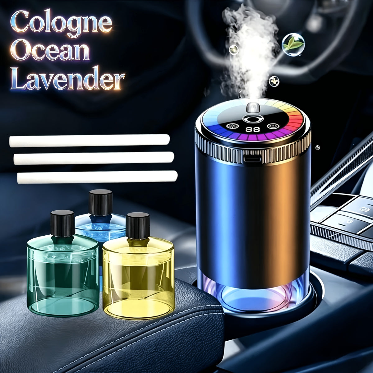 Starry Sky Car Fragrance Diffuser with Adjustable Scent Intensity and Dynamic Lights, One or Three Bottle Fragrance Options for Vehicle Interior Styling