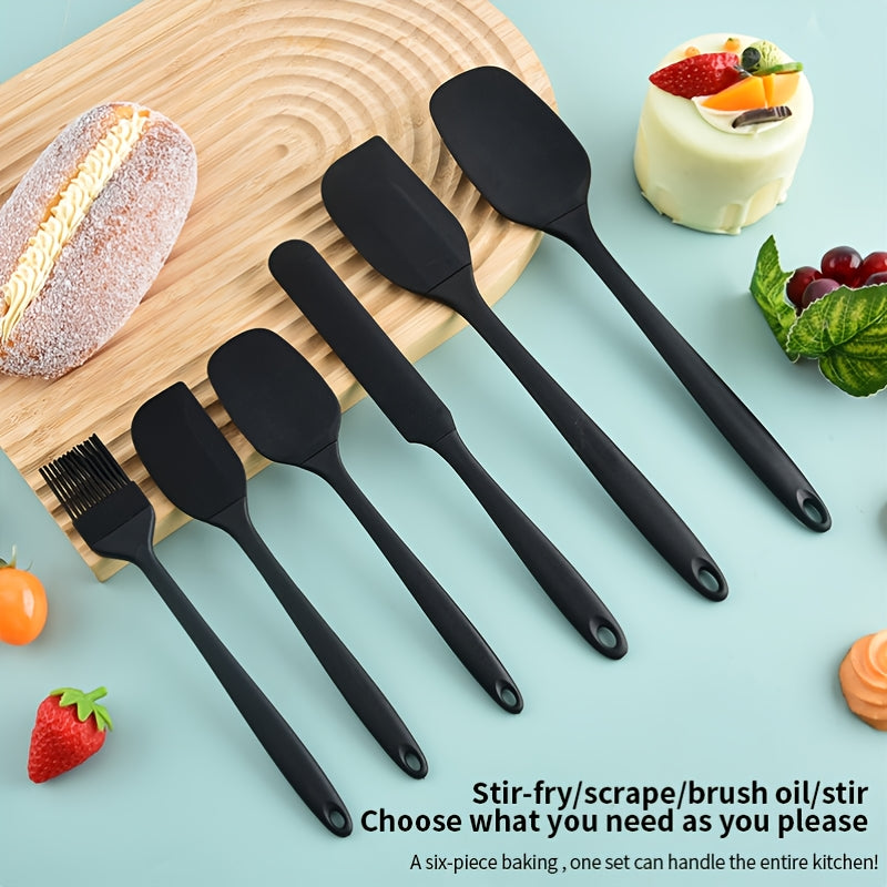Silicone Baking Utensil Set, Six-Piece Kitchen Tool Selection with Scraper, Spatula and Oil Brush References in Red, Green, Black, Pink or Blue for Cake Preparation