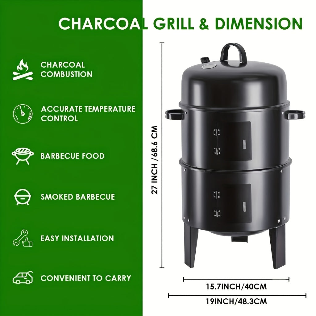 Vertical Charcoal Smoker Grill, Black 16-Inch Three-Tier Outdoor Cooker with Listed 400-Square-Inch Cooking Area and Two BBQ Tongs for Backyard Cookouts