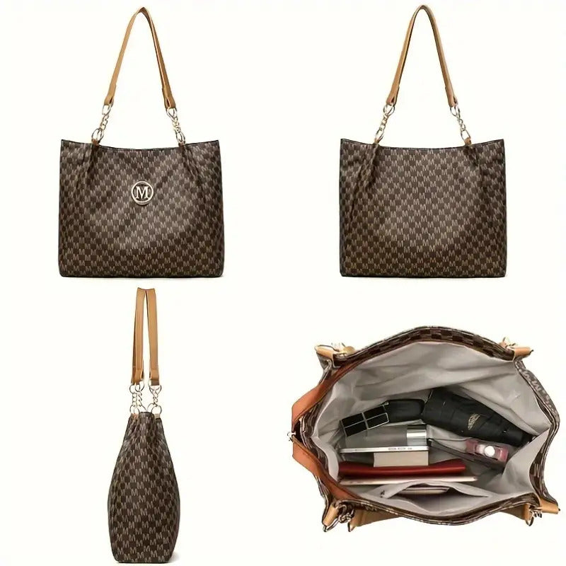 Lotus Print Shoulder Bag Set for Women with M Letter Pattern and M-Shaped Hardware, Listed Two-Piece Fashion Set with Fixed Shoulder Strap in Brown, Black or Beige