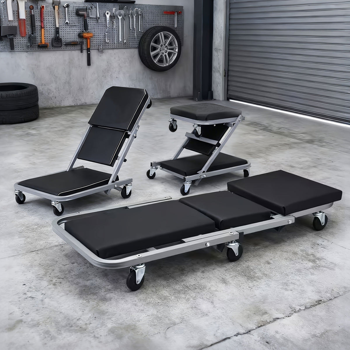 Wheeled Mechanic Creeper and Sliding Stool Options in Red or Grey, Foldable 3-in-1 Crawler or Non-Foldable Model for Garage Work Planning