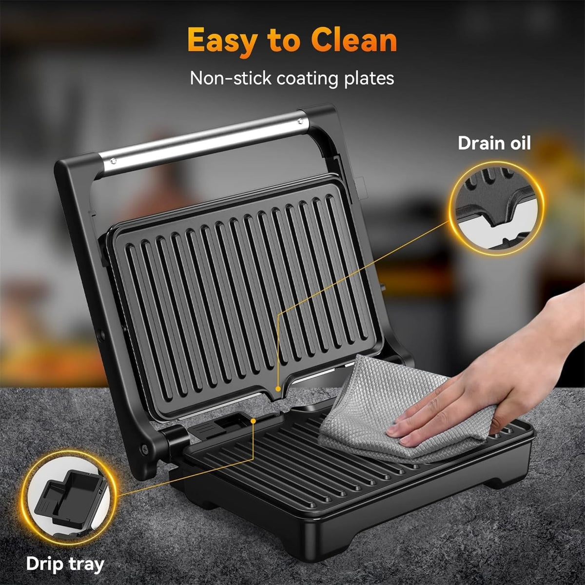 YASHE Panini Grill Press ZJ-521 with 1200W Heating, Nonstick Cast Aluminum Plates, Two-Slice Bread Capacity, 180-Degree Opening and Ready Indicator Lights