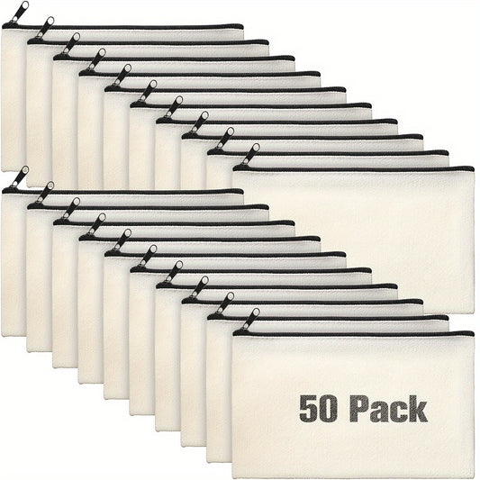 Blank Canvas Zipper Pouches 50-Pack in Beige, DIY Craft Bags for Pencil Storage, Cosmetics Organization, School Supplies and Travel Accessories