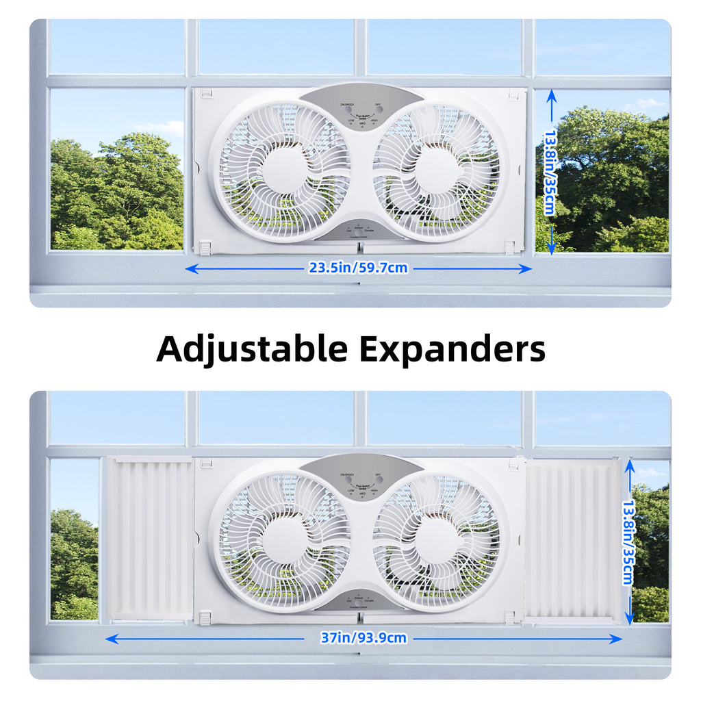 Twin Window Fan with 9-Inch Design, Reversible Airflow and Three Speeds, Listed 23.8-37 Inch Expandable Width with Remote or Timer Options for Home Bedrooms